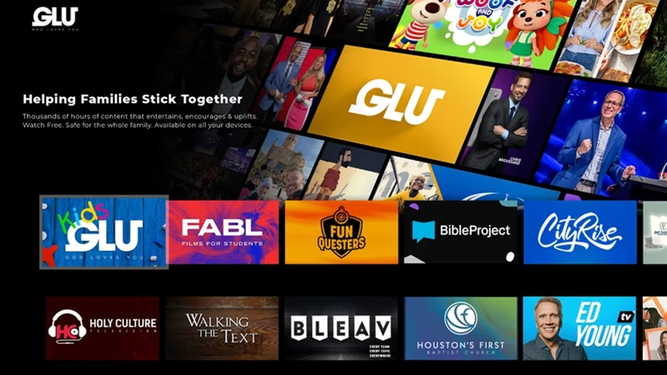 The GLU app on a television, showing its family-friendly content library and featured creator channels