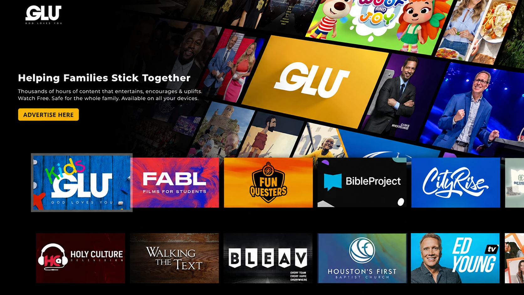 The GLU app on a television with an Advertise Here callout beneath the Helping Families Stick Together message